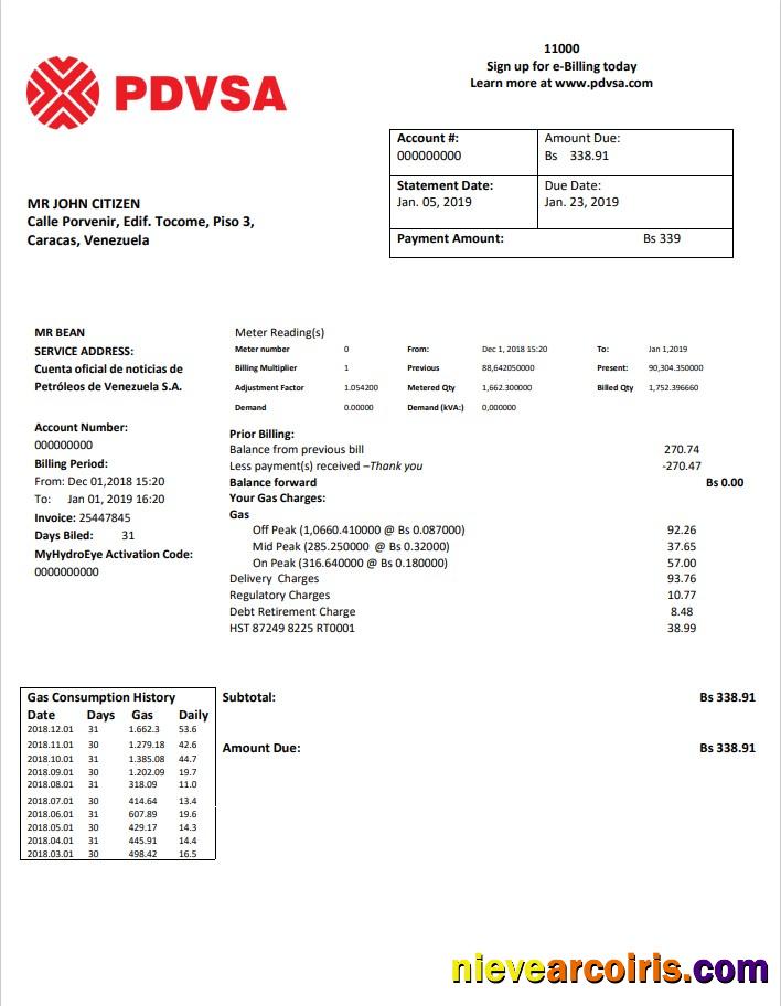 Venezuela PDVSA Gas utility bill